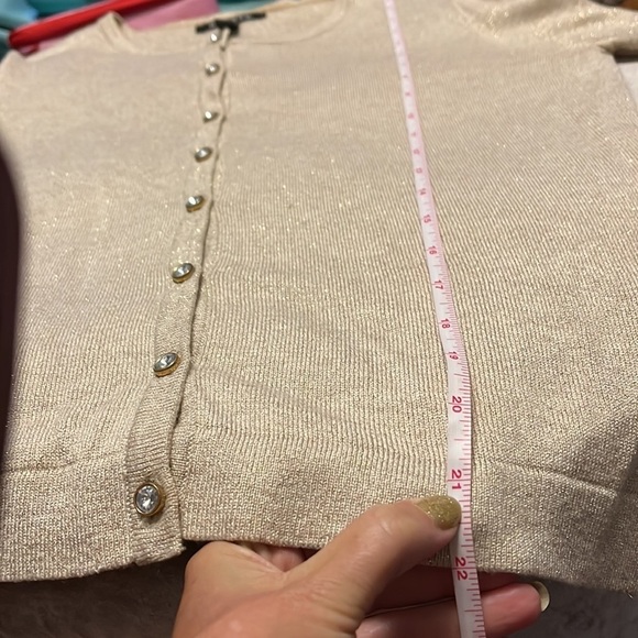 Light golden/tan cardigan sweater with gold metallic threads throughout, small - Picture 4 of 6